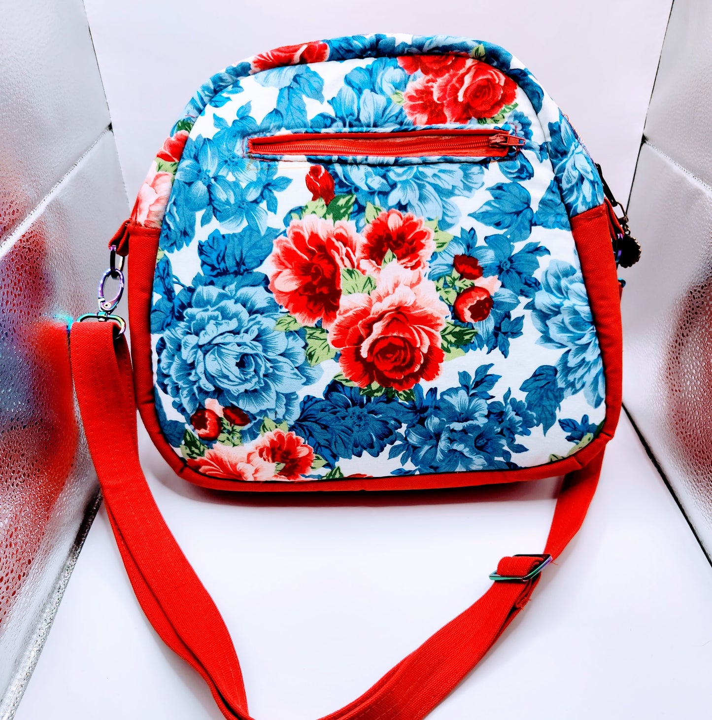 Red and Floral Pattern Bowler Bag