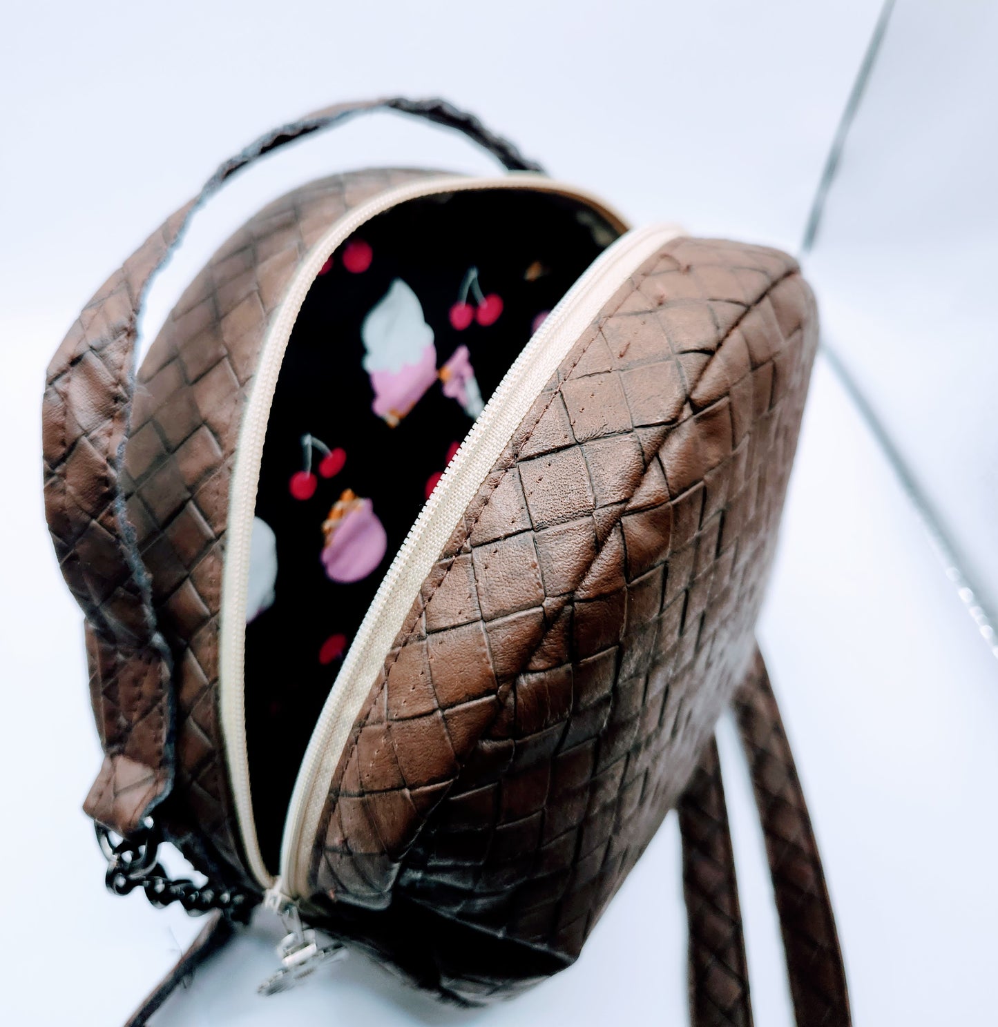 Round Basket Weave Brown Embossed Crossbody Bag