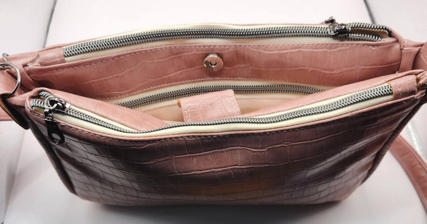 Winter Pink Alligator Cross Body Double Zipper Bag