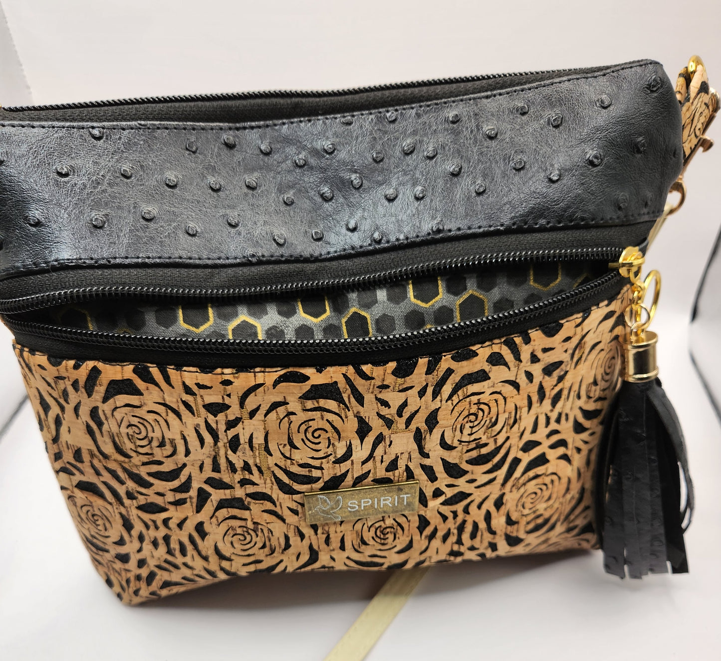 Black and Glitter Rose Cork Sling Bag with Tassel.