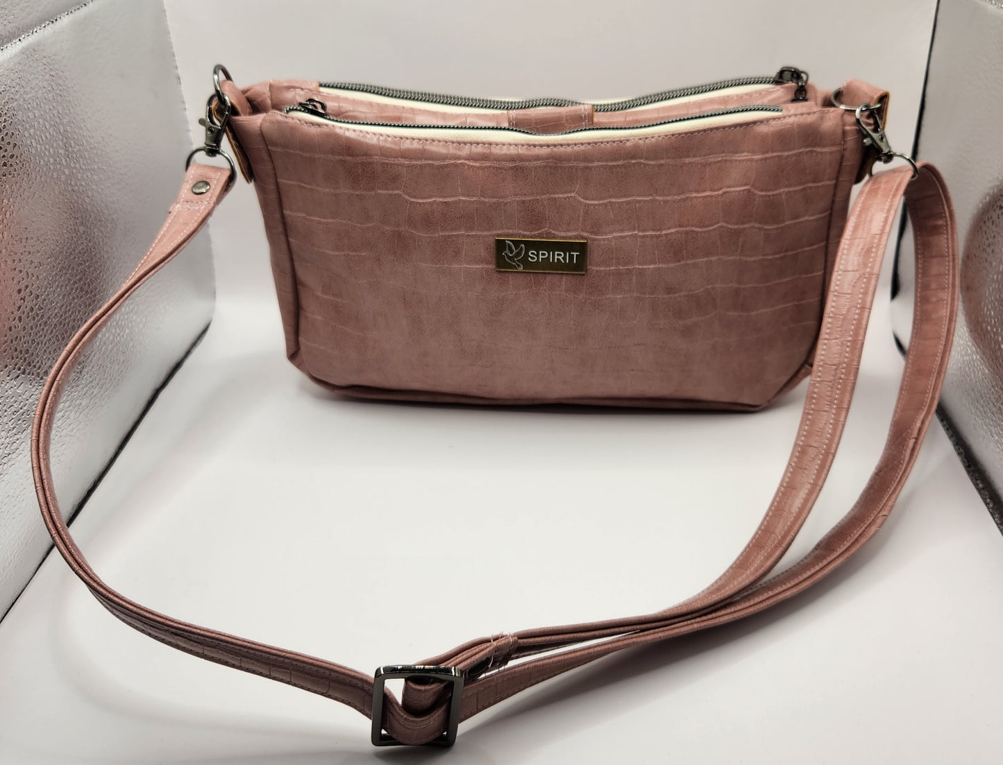 Winter Pink Alligator Cross Body Double Zipper Bag