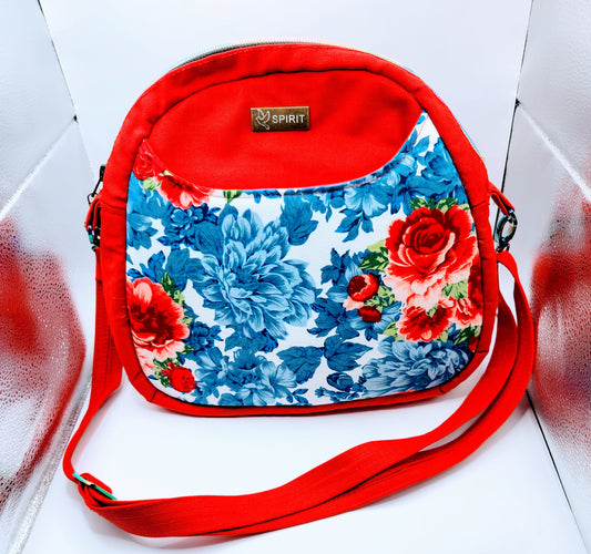 Red and Floral Pattern Bowler Bag