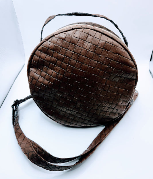 Round Basket Weave Brown Embossed Crossbody Bag