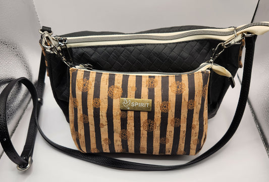 Double Crossbody Handbag Black with Striped Cork