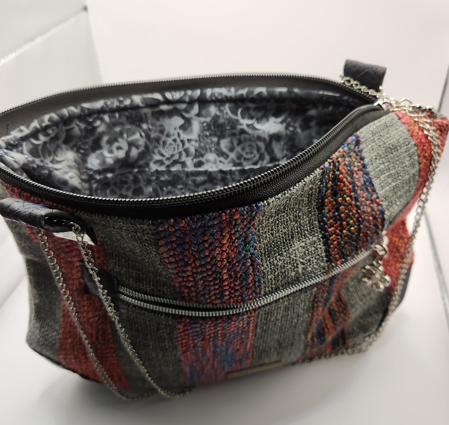 Woven Fabric and Black Trimmed Sling/Shoulder Bag