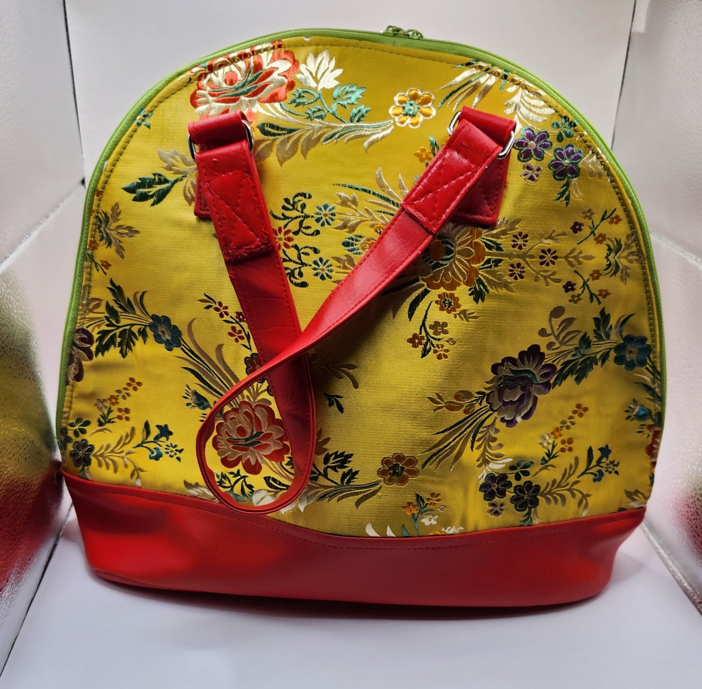 Yellow Oriental Fabric and Red Dome Handbag