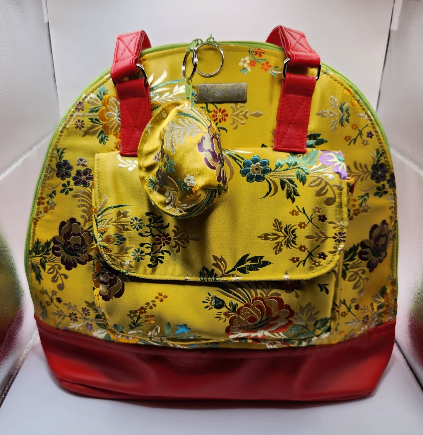 Yellow Oriental Fabric and Red Dome Handbag