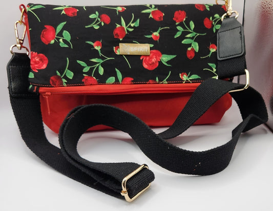 Red and Black Rose Floral Cotton Fold Over with Waterproof Canvas Bottom