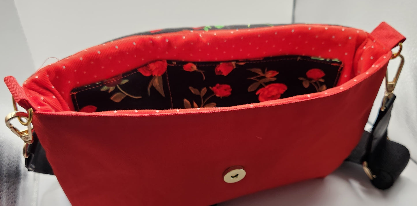 Red Waterproof Canvas Fold Over Flap with Floral Bottom