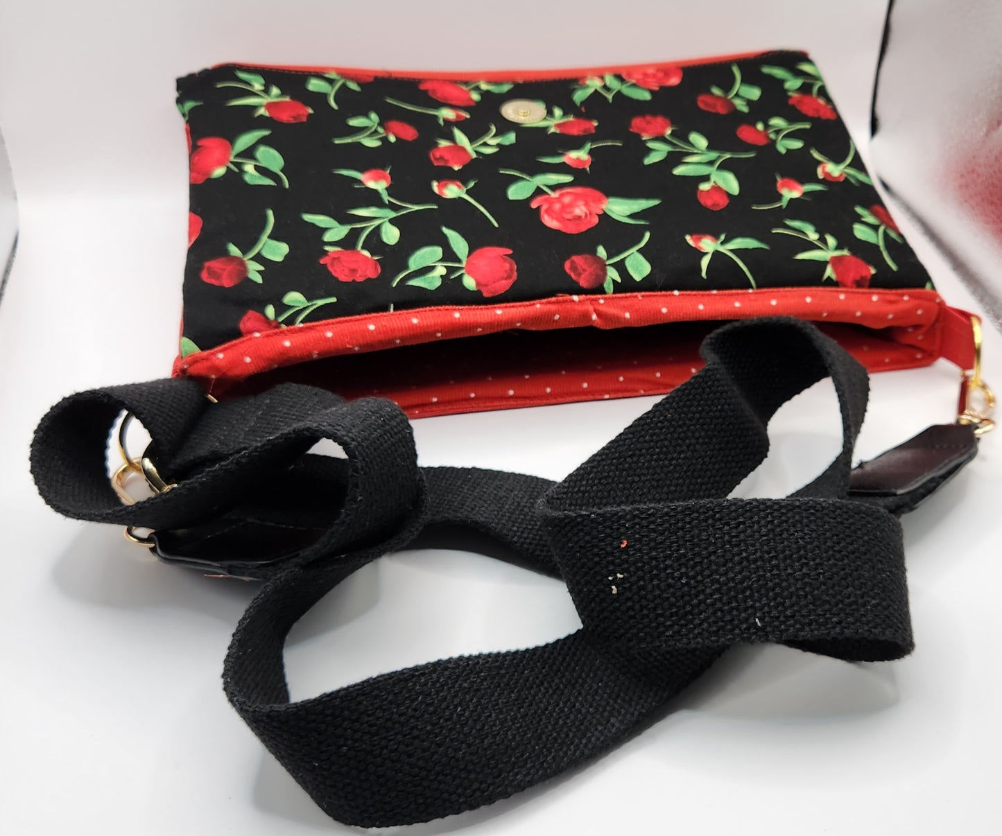 Red and Black Rose Floral Cotton Fold Over with Waterproof Canvas Bottom