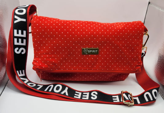 Red and White Polka Dot Corduroy Fold Over Crossbody Handbag