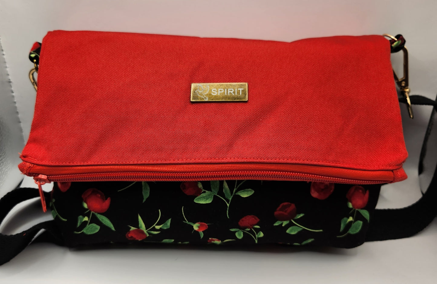 Red Waterproof Canvas Fold Over Flap with Floral Bottom