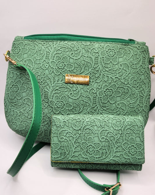Green Vegan Leather Floral Embossed Crossbody with Wallet
