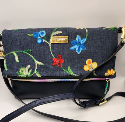 Blue Floral Foldover Bag with Usuable Zip Flap Front