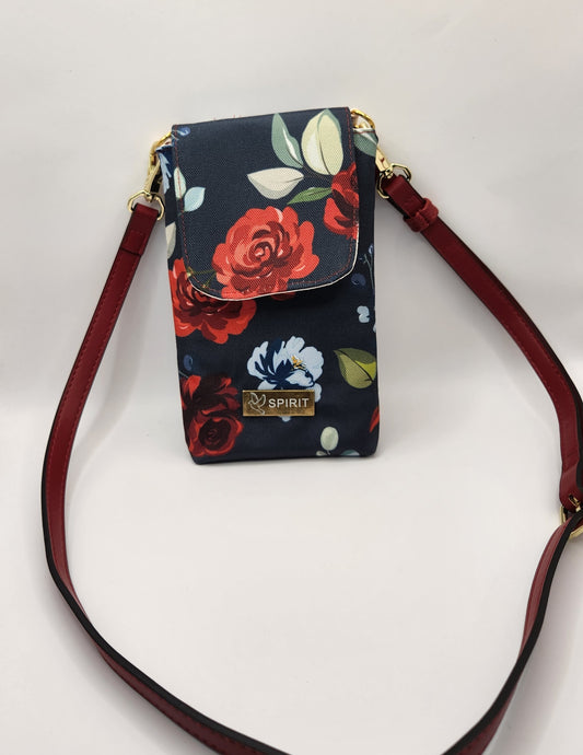 Black and  Red Rose Floral Phonebag Crossbody Strap