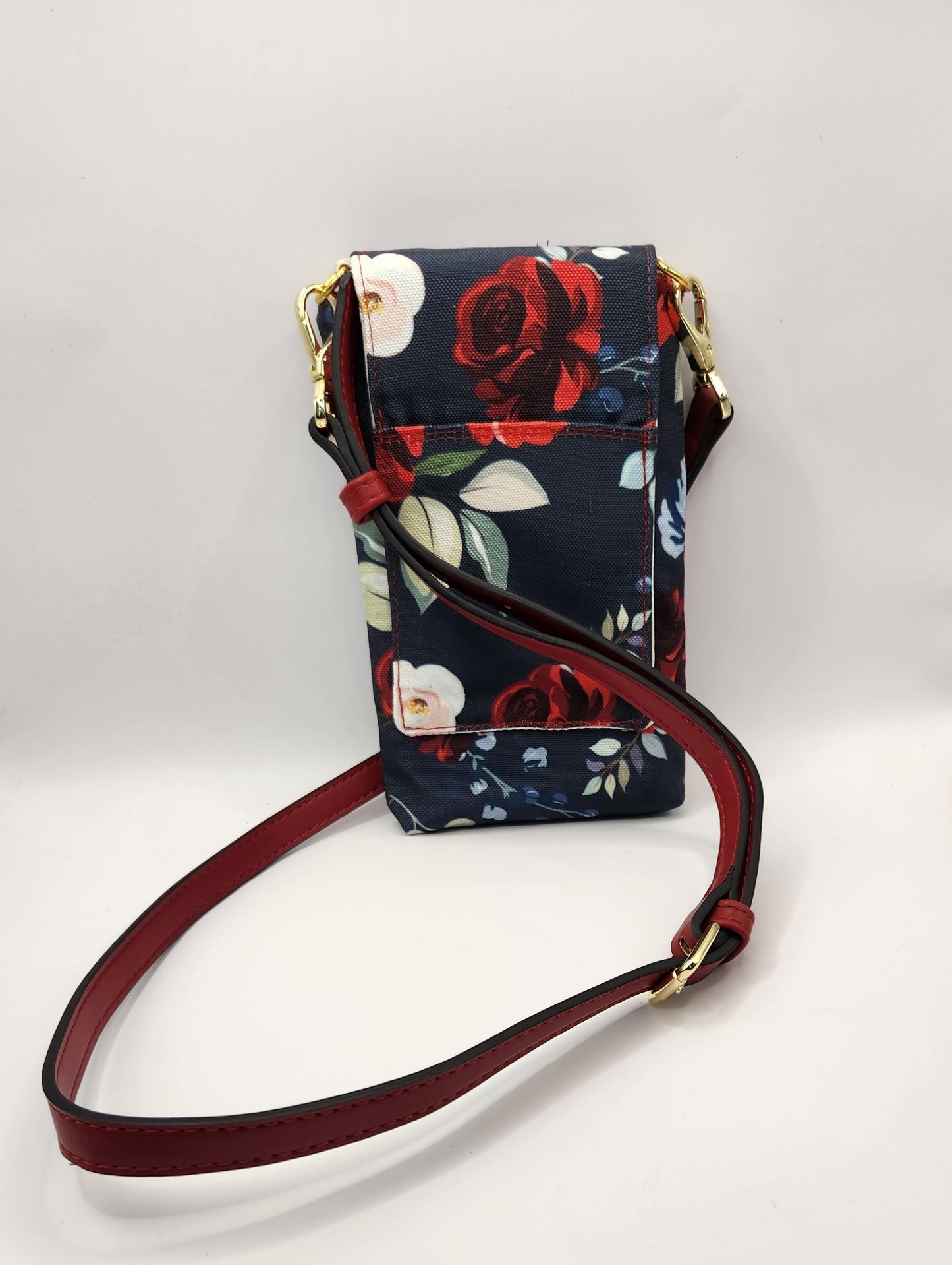 Black and  Red Rose Floral Phonebag Crossbody Strap