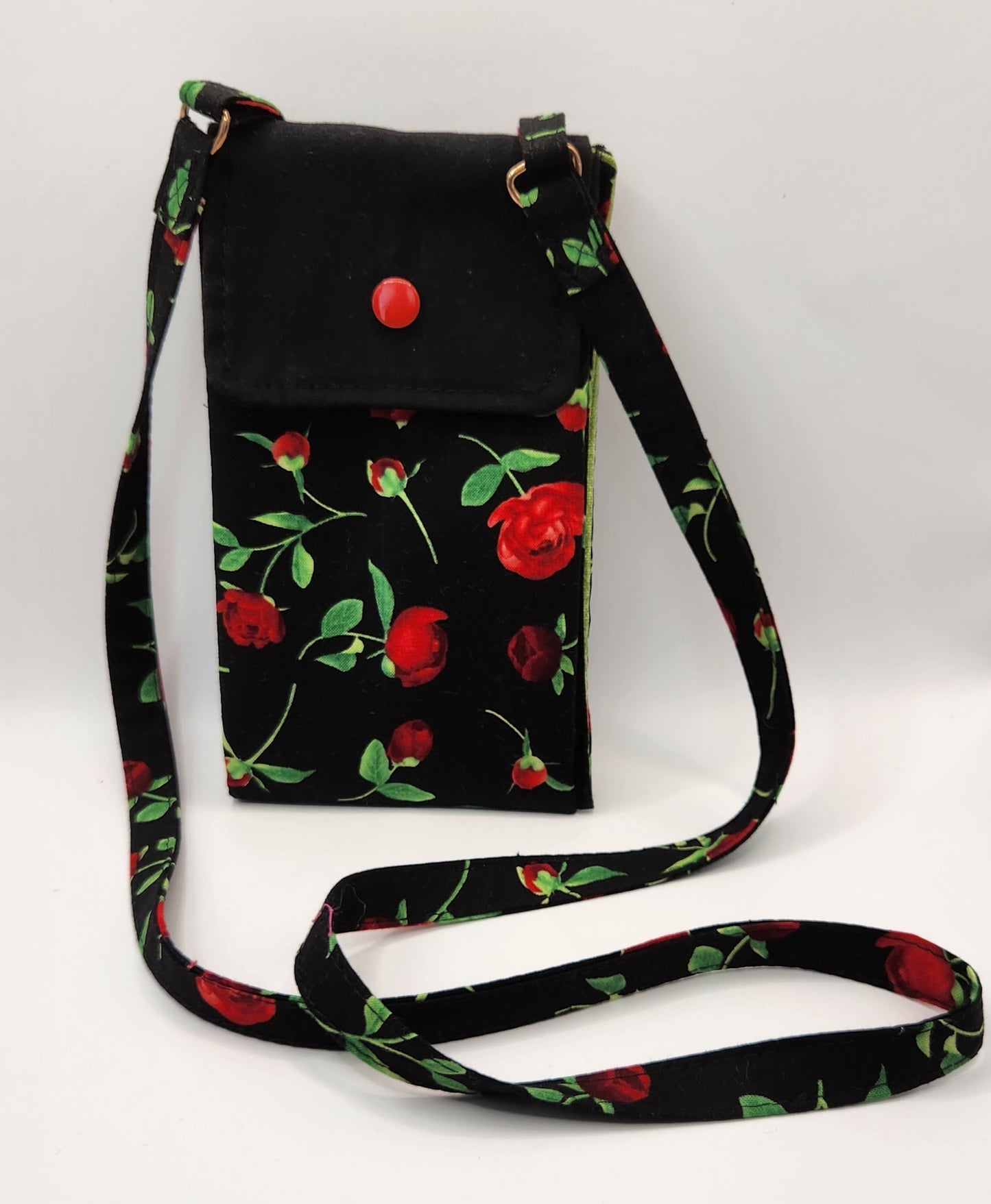 Black and Red Floral Folded Phonebag with Crossbody Strap.