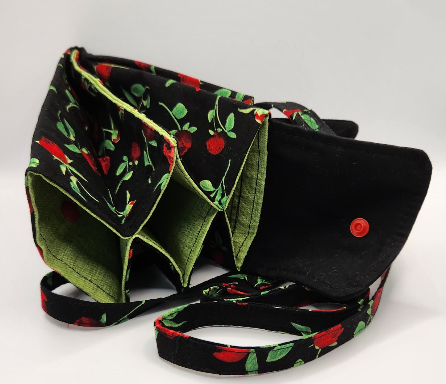 Black and Red Floral Folded Phonebag with Crossbody Strap.