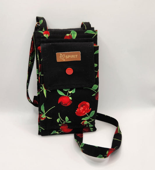 Black and Red Floral Folded Phonebag with Crossbody Strap.