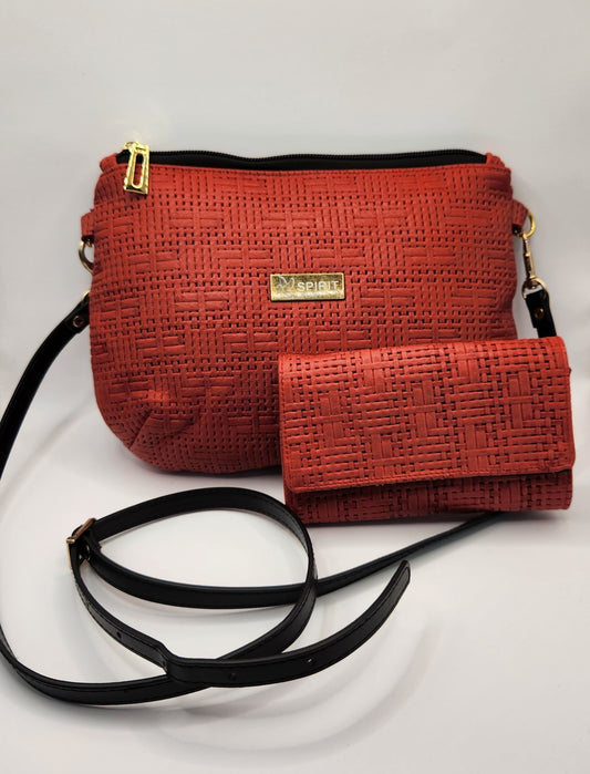 Red Leather Crossbody Bag with Matching Wallet